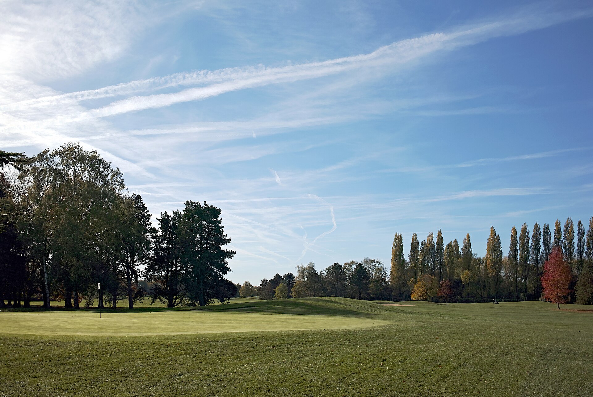 A quiet golf green and open fairway under a wide sky, with trees along the course.