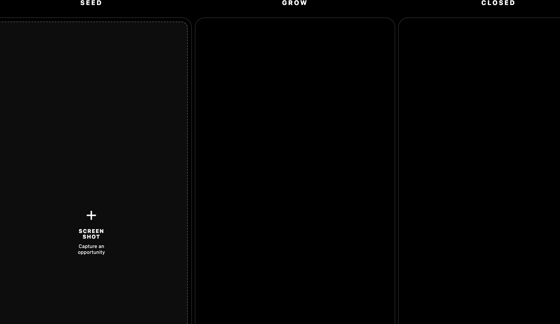 SalesVines board with SEED, GROW, and CLOSED. SEED includes Screen Shot, Capture an opportunity.
